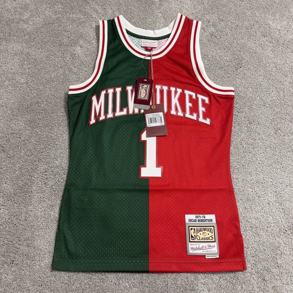 Mitchell & Ness Oscar Robertson Milwaukee Bucks Split Jersey Mens Sz S Red/Green